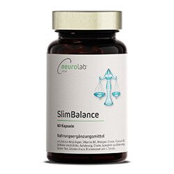Fettstoffwechsel Kapseln in einer Dose beschriftet mit "SlimBalance" vor einem weißen Hintergrund.