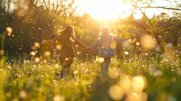 Zwei Frauen rennen dem Sonnenuntergang entgegen und freuen sich dass endlich Frühling ist und sie sich fit und vital fühlen.